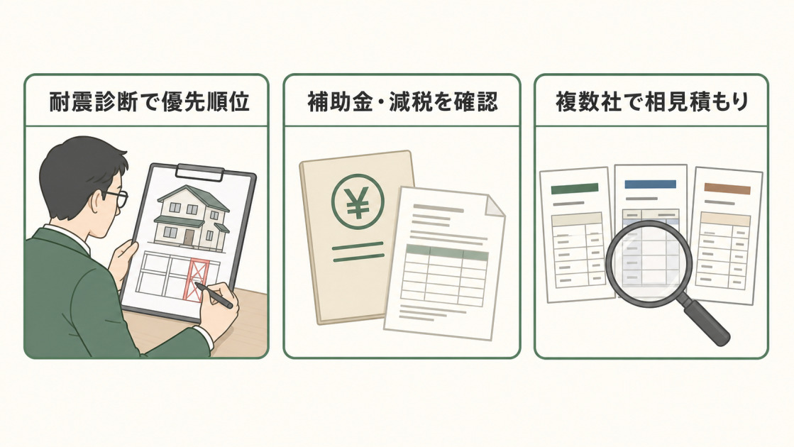 耐震診断で優先順位を決める、補助金や減税を確認する、複数社で相見積もりを取るという3つの方法を示した図解