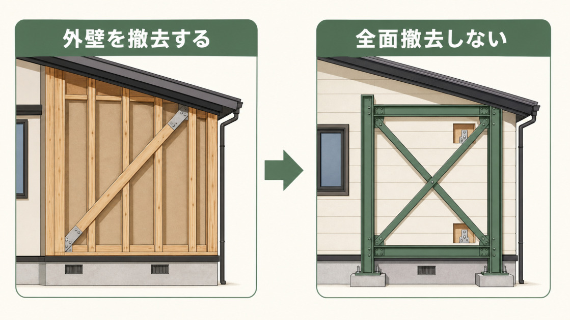 外壁を撤去して補強する方法と、外壁を全面撤去せず外側にフレームを設置する方法を比較した図解
