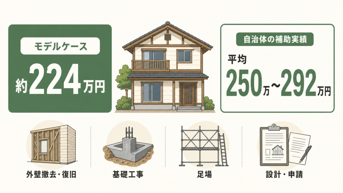 木造住宅の耐震改修費用について、モデルケース約224万円、自治体の補助実績平均250万〜292万円と主な見積もり項目を示した図解