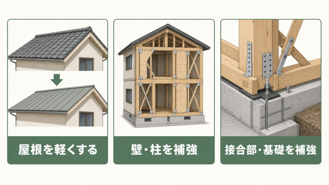 屋根を軽くする、壁・柱を補強する、接合部・基礎を補強する3つの耐震対策を示した図解