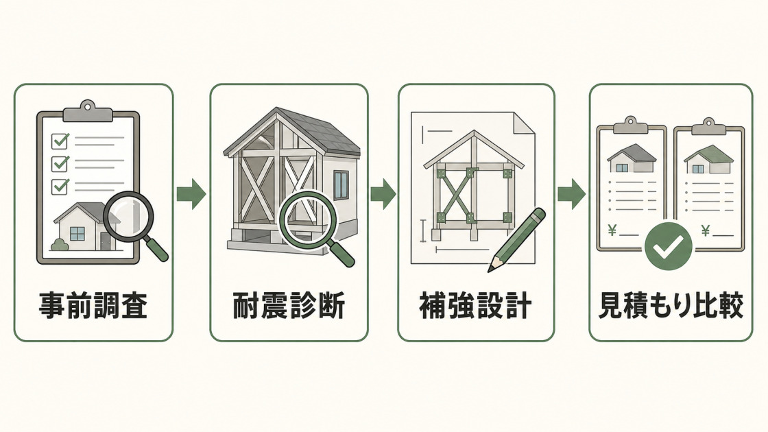 事前調査、耐震診断、補強設計、見積もり比較の順に進める流れを示した図解