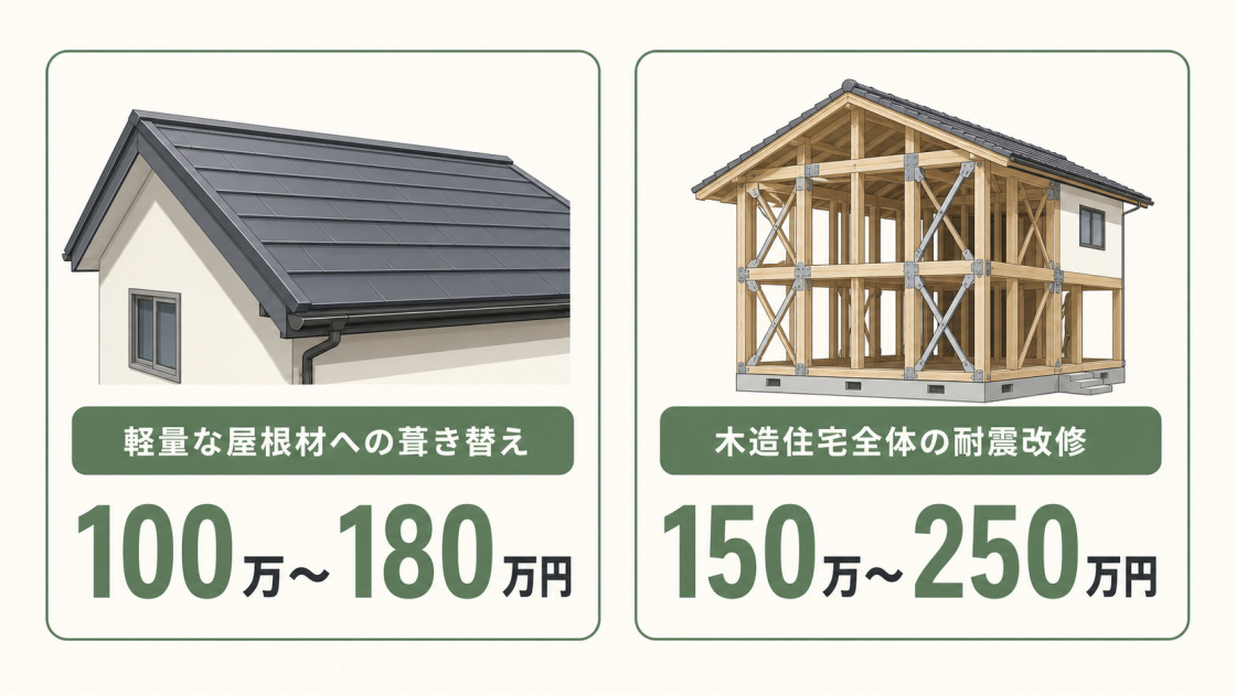 軽量な屋根材への葺き替え100万〜180万円と、木造住宅全体の耐震改修150万〜250万円を比較した図解