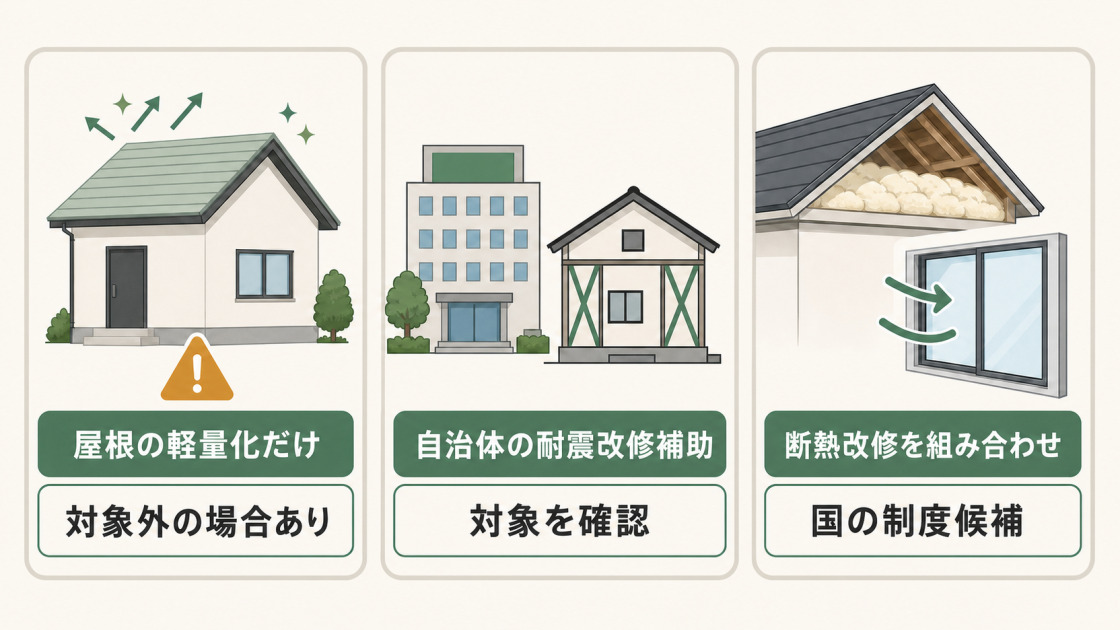 屋根の軽量化だけでは補助対象外の場合があり、自治体の耐震改修補助や断熱改修を組み合わせた国の制度を確認する考え方を示した図解