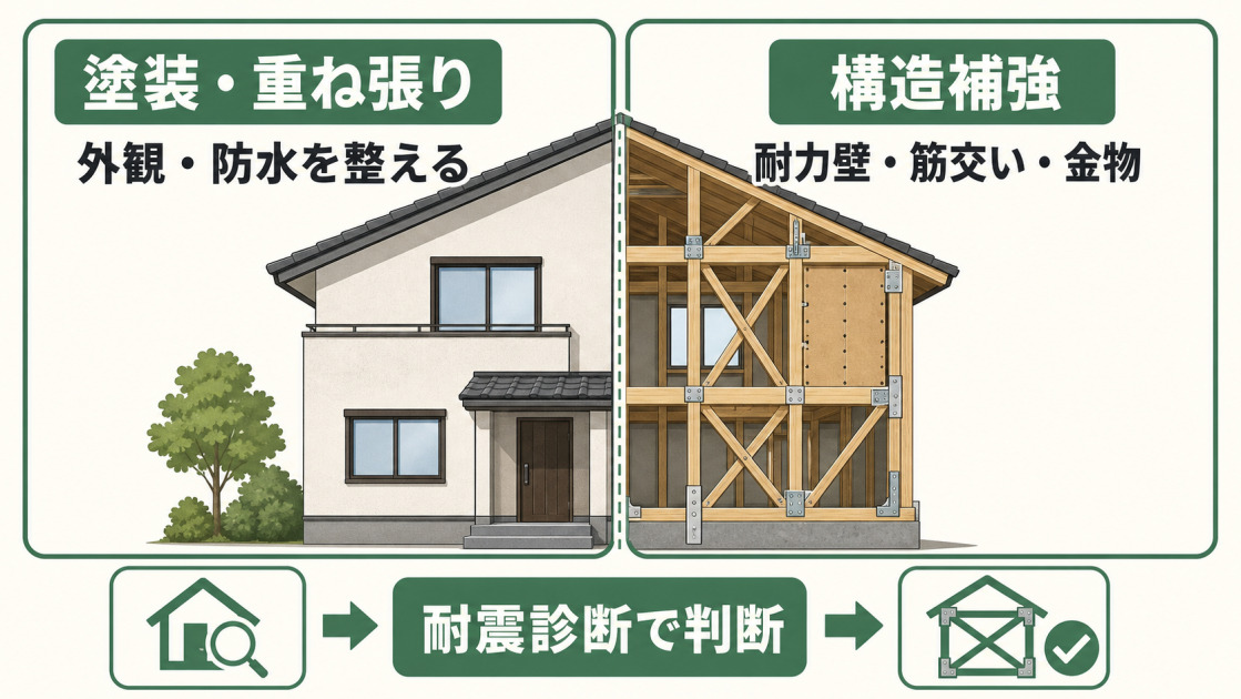 外壁の塗装・重ね張りと、耐力壁・筋交い・金物による構造補強の違いを示した図