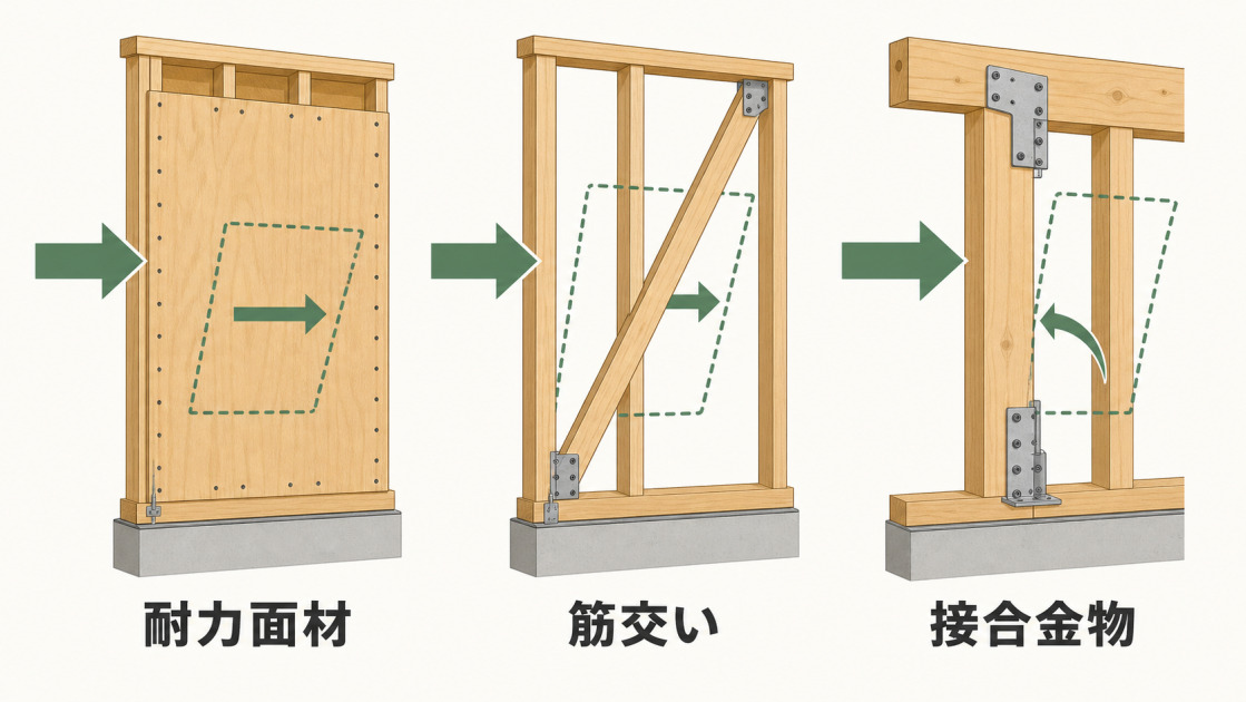耐力面材、筋交い、接合金物が地震の横揺れによる壁の変形を抑える仕組み