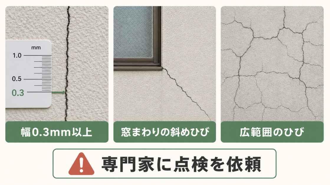 幅0.3mm以上、窓まわりの斜めひび、広範囲のひびという専門家へ点検を依頼したい外壁の症状