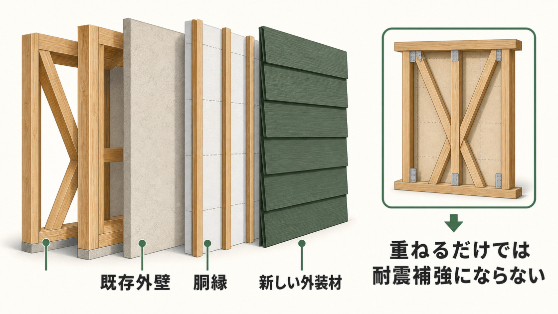 既存外壁、胴縁、新しい外装材を重ねるカバー工法の層構造と、重ねるだけでは耐震補強にならないことを示す図