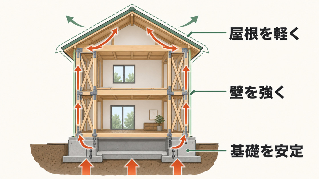 屋根を軽くし、壁を強くし、基礎を安定させて建物全体で地震に備える考え方を示す住宅断面図