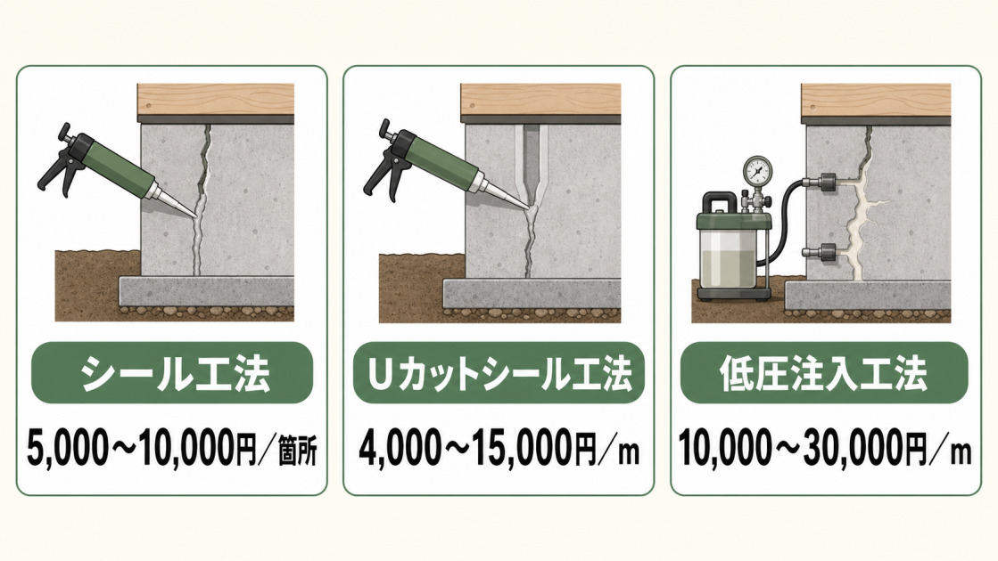 基礎のひび割れ補修費用を、シール工法5,000～10,000円／箇所、Uカットシール工法4,000～15,000円／m、低圧注入工法10,000～30,000円／mで比較した図解