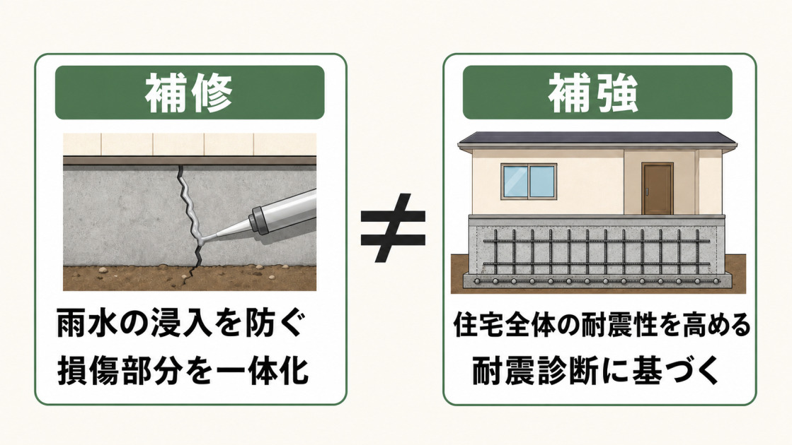 ひび割れ補修は雨水の浸入防止と損傷部分の一体化、基礎補強は耐震診断に基づき住宅全体の耐震性を高めることを示す図解