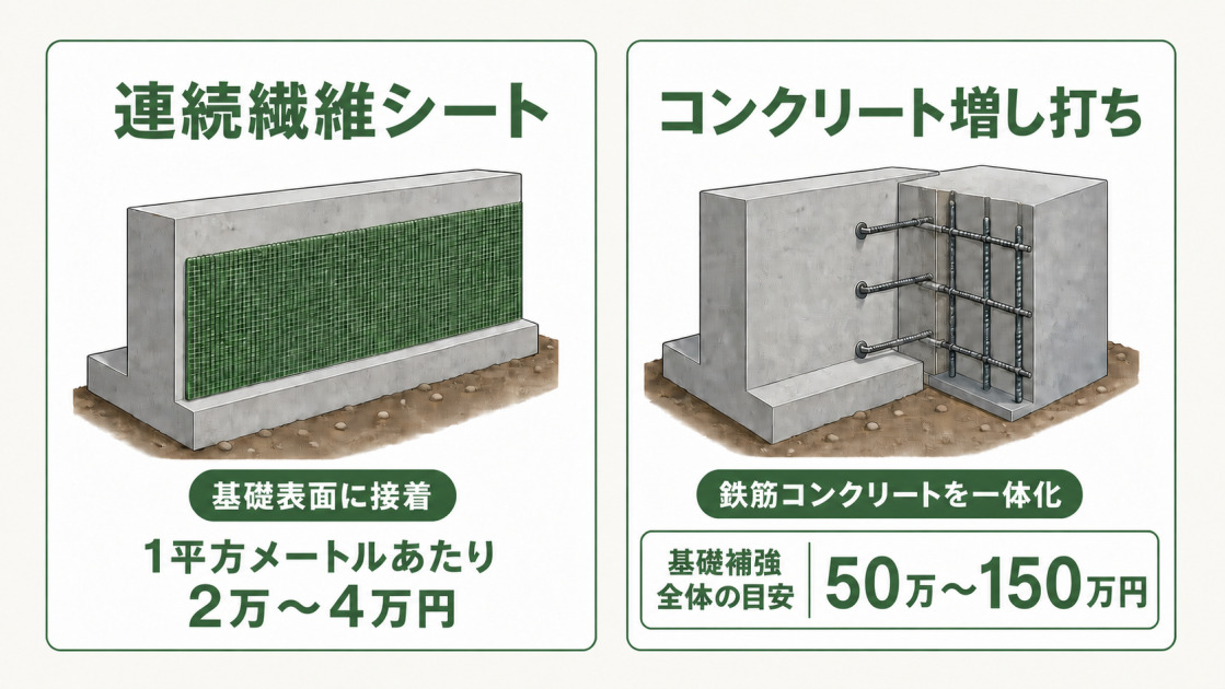 連続繊維シートを基礎表面に接着する方法は1平方メートルあたり2万～4万円、コンクリート増し打ちを含む基礎補強全体は50万～150万円が目安と示す図解