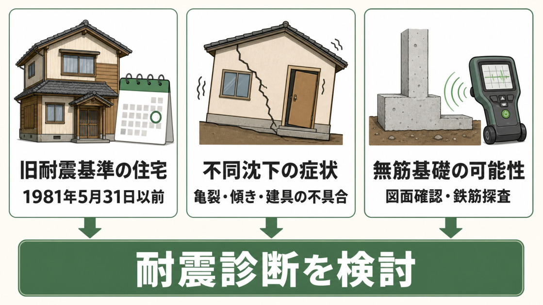 1981年5月31日以前の旧耐震基準の住宅、不同沈下の症状がある住宅、無筋基礎の可能性がある住宅では耐震診断を検討することを示す図解