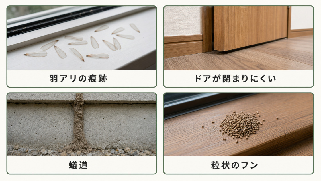 羽アリの痕跡、閉まりにくいドア、基礎の蟻道、粒状のフンというシロアリ被害を疑う4つのサイン
