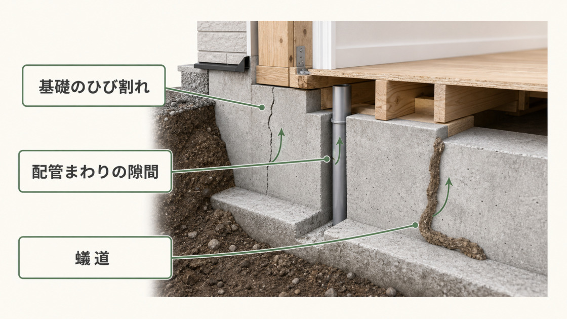 基礎のひび割れ、配管まわりの隙間、蟻道から床下へ入り込む主な侵入経路を示した住宅基礎の断面図