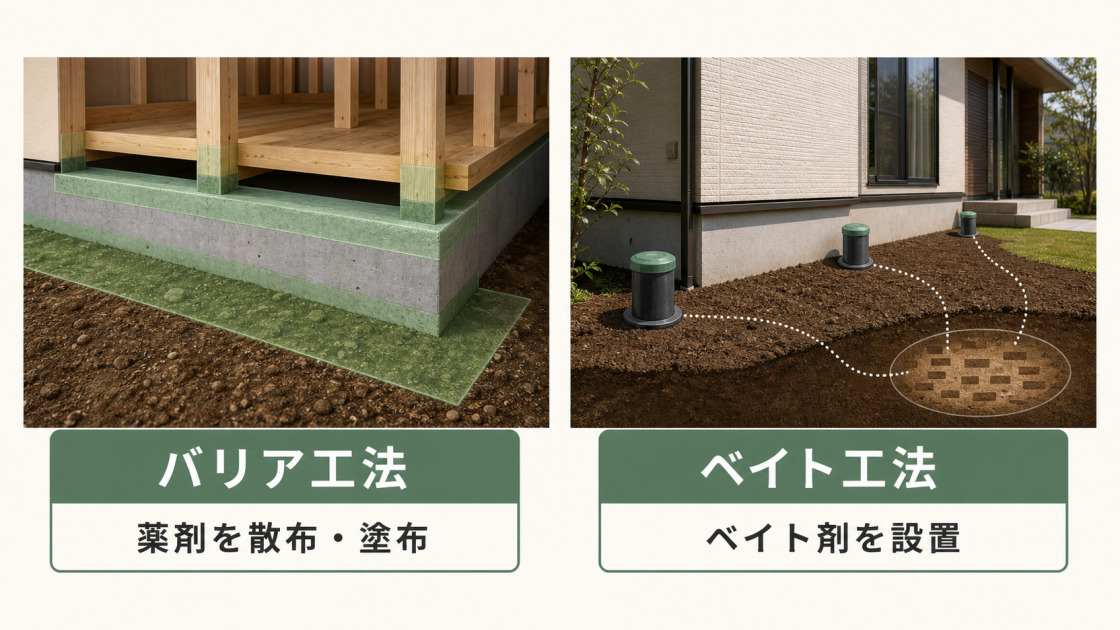 床下の土壌や木部へ薬剤を散布・塗布するバリア工法と、建物周囲へベイト剤を設置するベイト工法の比較