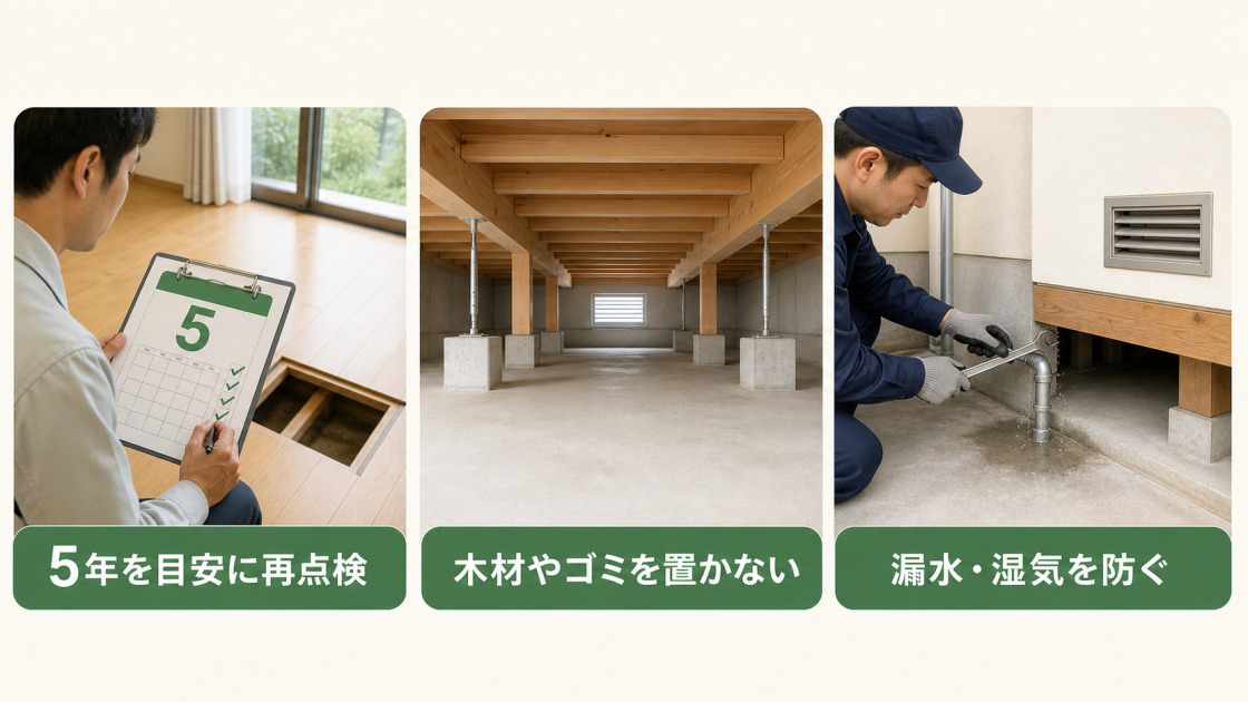 5年を目安にした再点検、床下に木材やゴミを置かないこと、漏水や湿気を防ぐことの3つの再発予防策