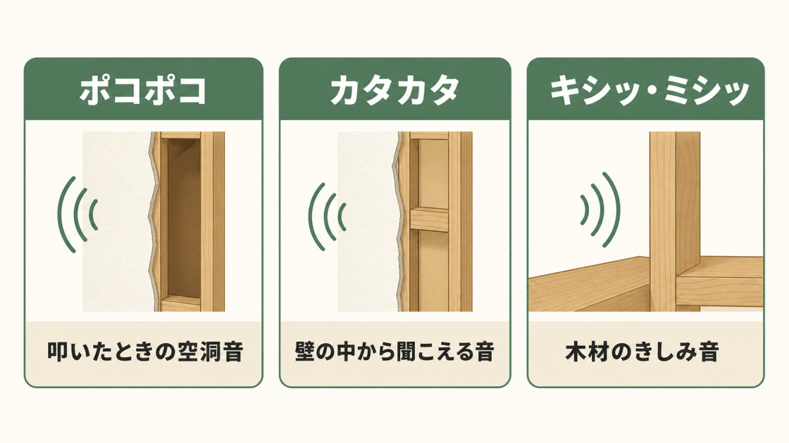 壁から聞こえる可能性があるポコポコ、カタカタ、キシッ・ミシッの3種類の音を比較した図解