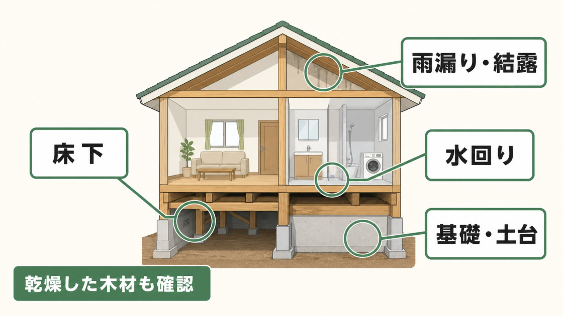 床下、水回り、雨漏りや結露、基礎や土台に加え、乾燥した木材も確認する住宅断面の図解