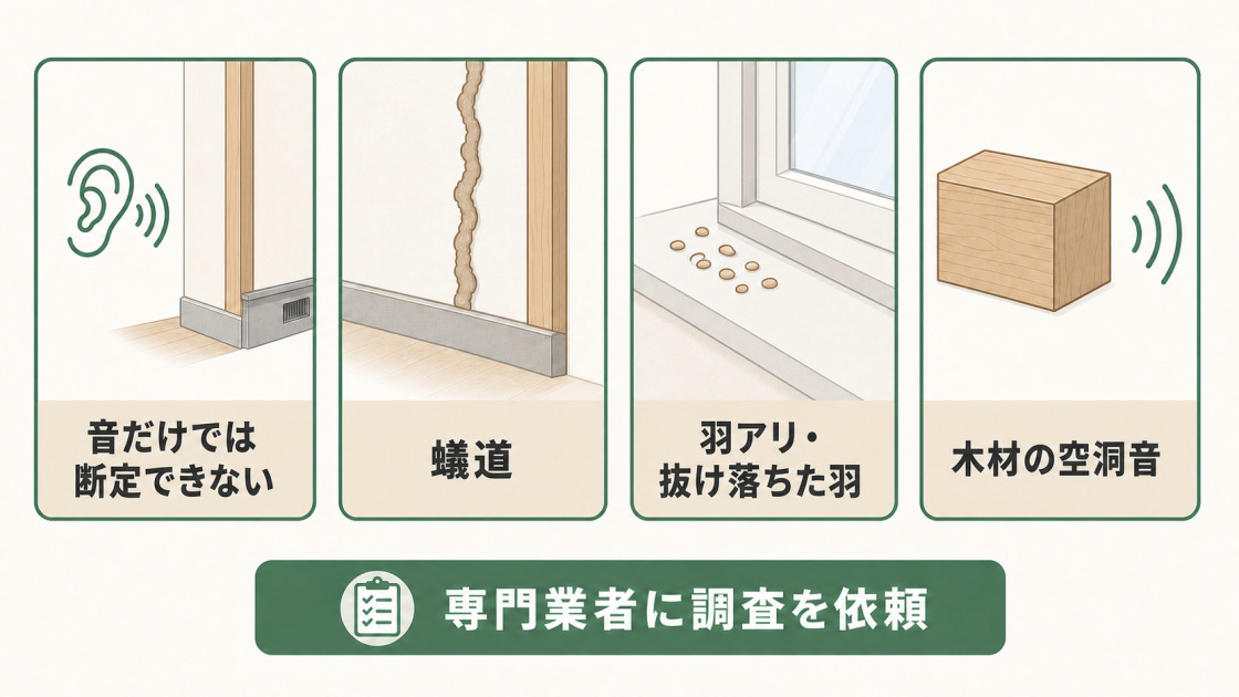 音だけで判断せず、蟻道、羽アリや抜け落ちた羽、木材の空洞音を合わせて専門業者に調査を依頼する図解