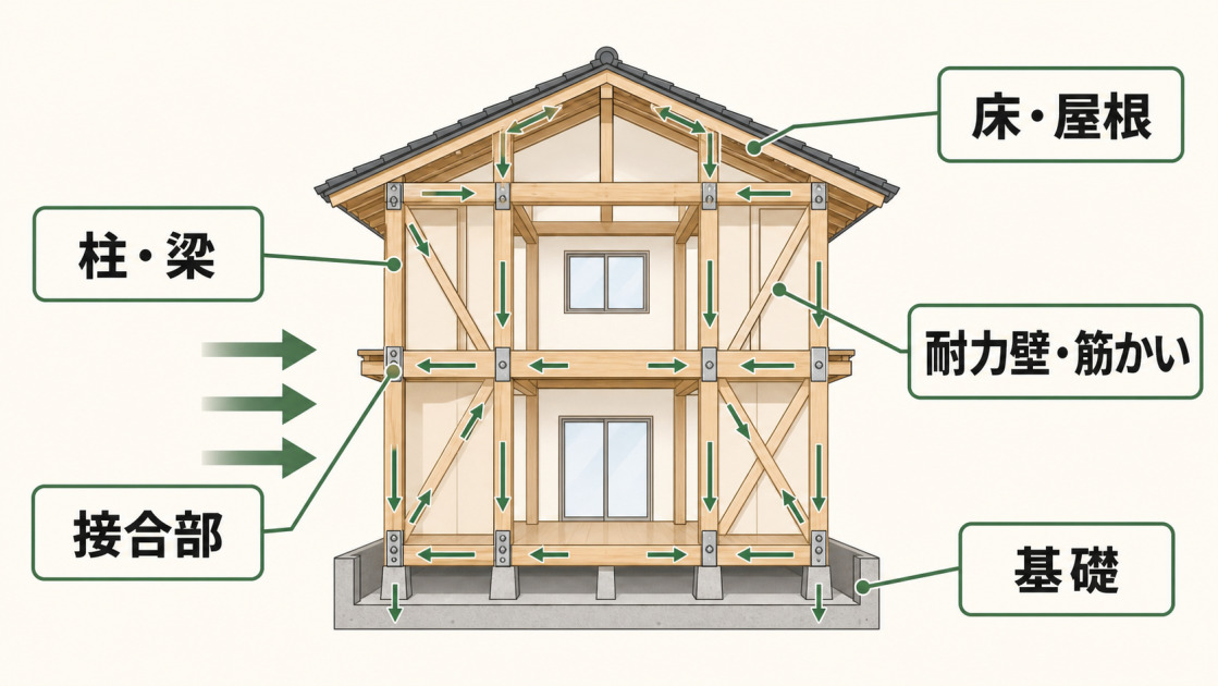 木造住宅の柱・梁、耐力壁・筋かい、接合部、基礎、床・屋根が地震力を分担する関係を示した図解