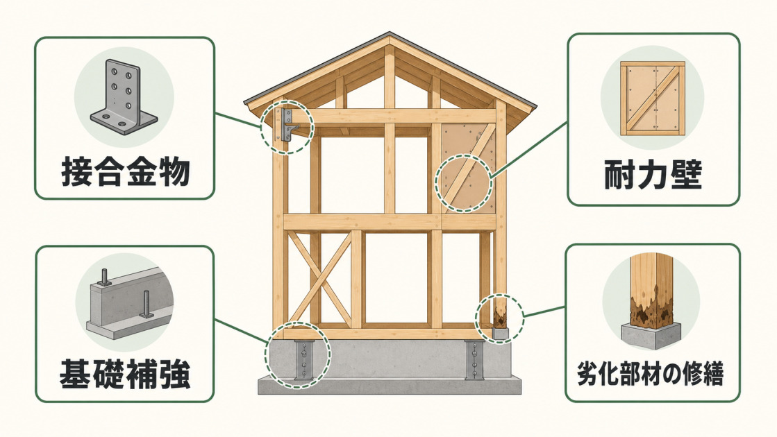 接合金物、耐力壁、基礎補強、劣化部材の修繕という木造住宅の代表的な耐震補強方法を示した図解