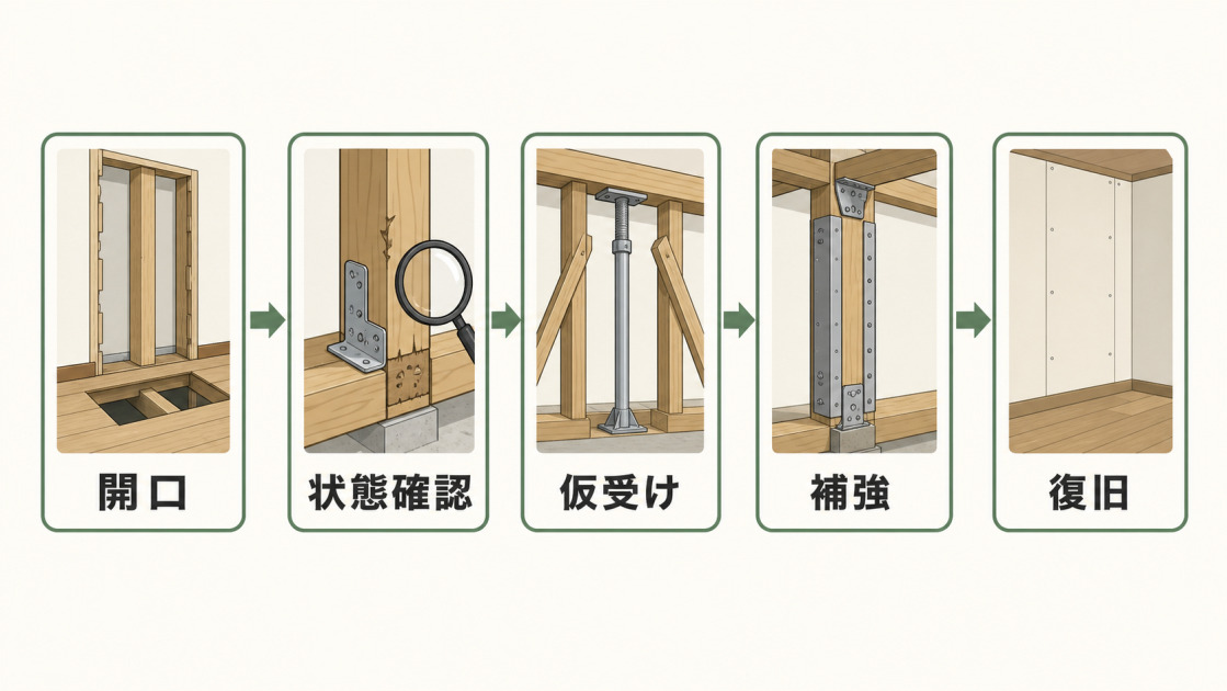 壁や床の開口、状態確認、仮受け、補強、復旧という柱補強工事の基本的な流れを示した図解