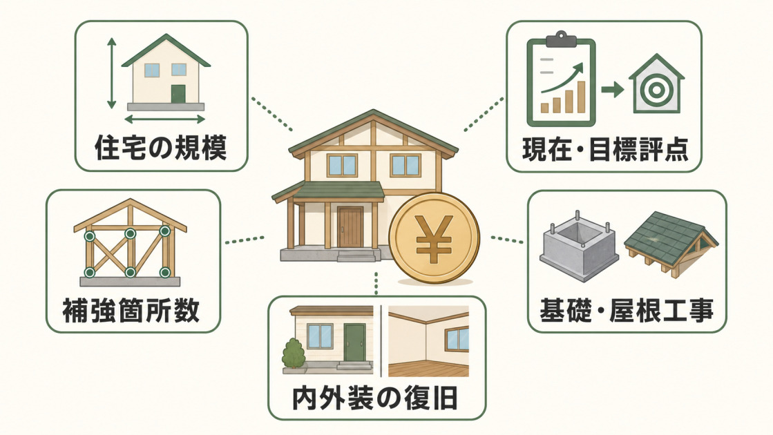 住宅の規模、現在・目標評点、補強箇所数、基礎・屋根工事、内外装の復旧が耐震改修費を左右することを示した図解
