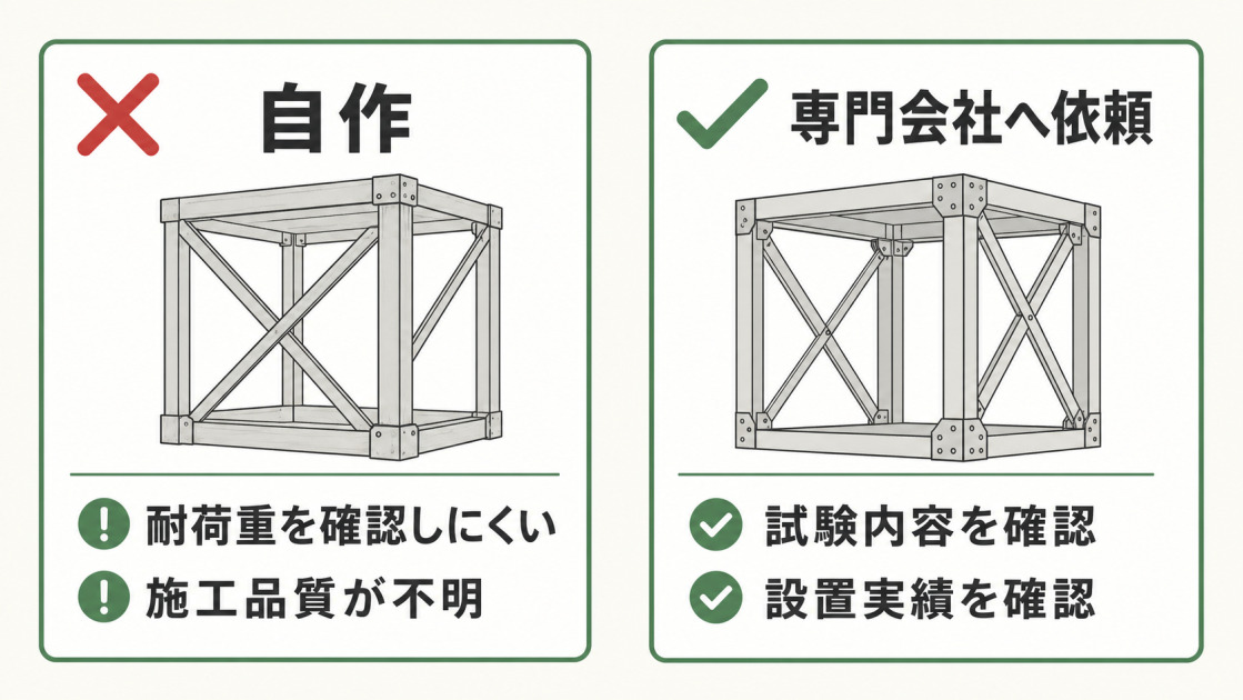 自作は耐荷重と施工品質を確認しにくく、専門会社では試験内容と設置実績を確認できることを示す比較図