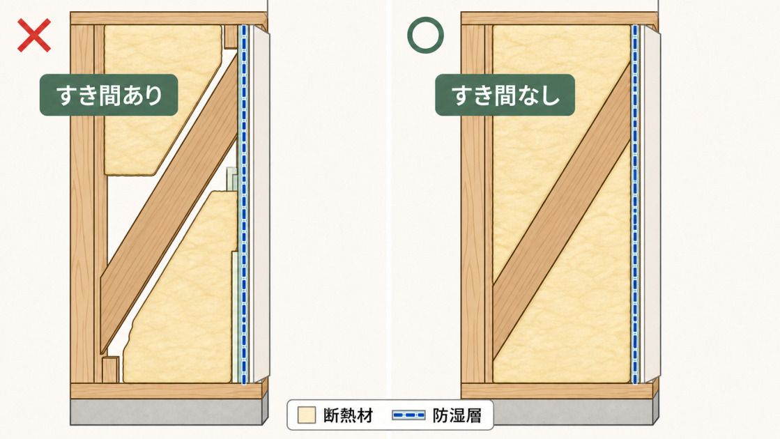 筋交い周囲にすき間がある断熱施工と、断熱材を密に充填して防湿層を連続させた施工の比較図