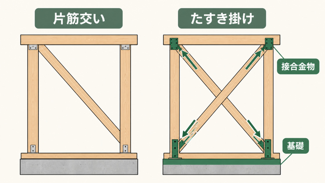 斜め材1本の片筋交いとX字状のたすき掛けを比べ、接合金物と基礎への力の伝達を示す図