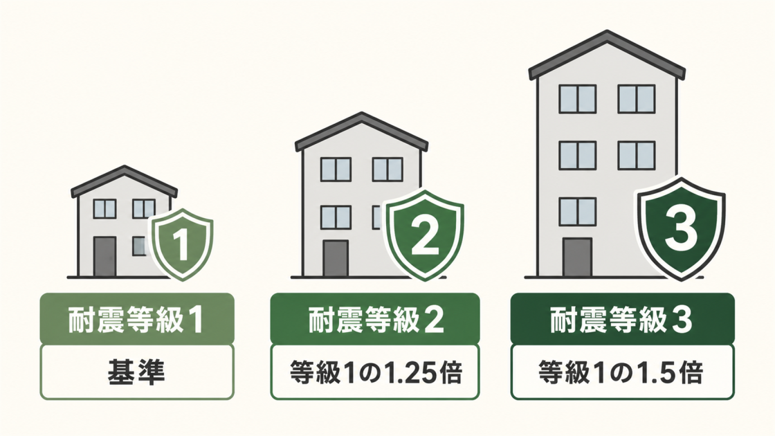 耐震等級1を基準に、等級2は1.25倍、等級3は1.5倍の地震力に耐える目安を示した図