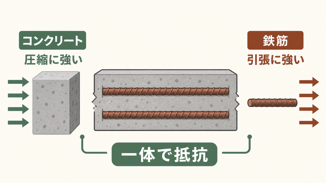 コンクリートは圧縮に、鉄筋は引張に強く、両者が一体となって力に抵抗する仕組みを示した図