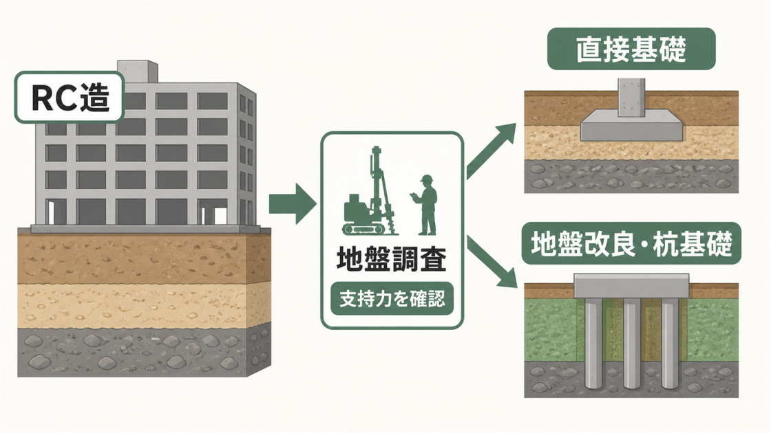 RC造でも地盤調査で支持力を確認し、直接基礎または地盤改良・杭基礎を選ぶ流れを示した図