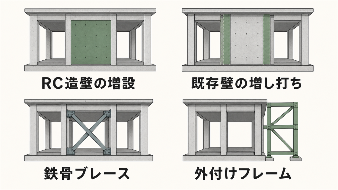 RC造壁の増設、既存壁の増し打ち、鉄骨ブレース、外付けフレームの4つの耐震補強方法を比較した図