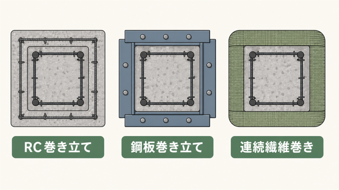 RC巻き立て、鋼板巻き立て、連続繊維巻きによる鉄筋コンクリート柱の補強方法を断面で比較した図