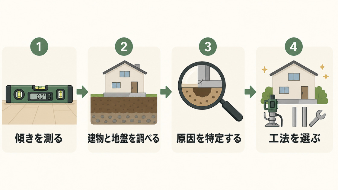 傾きを測る、建物と地盤を調べる、原因を特定する、工法を選ぶという4段階の流れ
