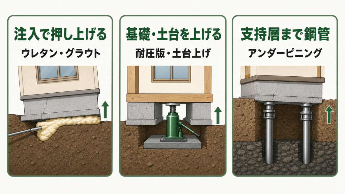 注入、基礎・土台の持ち上げ、支持層までの鋼管圧入という傾き修正工法の違い
