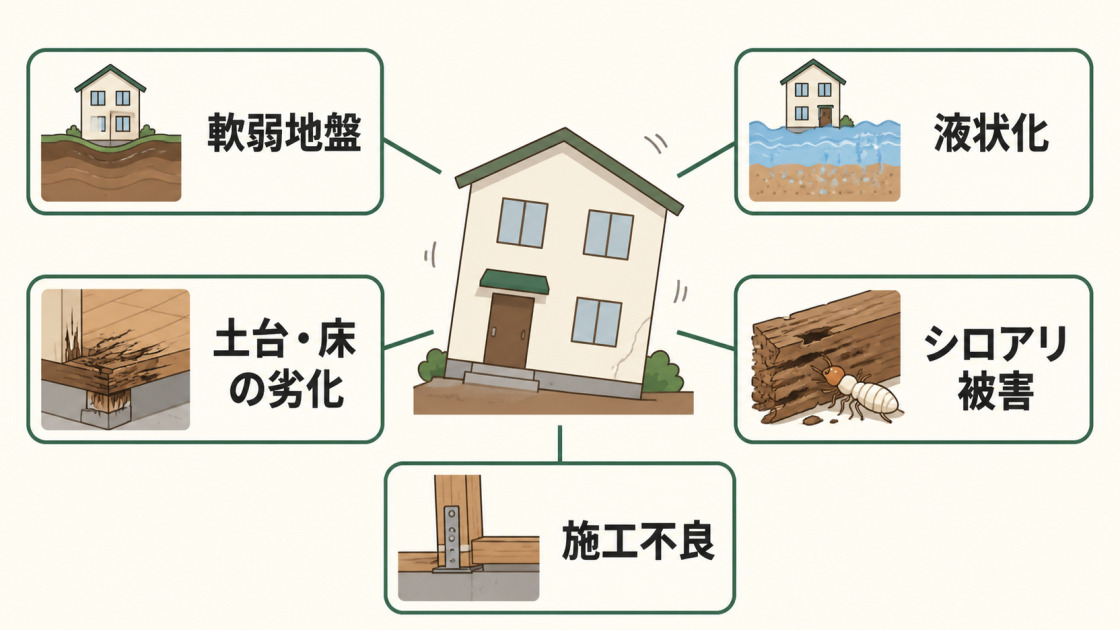 軟弱地盤、液状化、土台や床の劣化、シロアリ被害、施工不良という傾いた家の主な原因