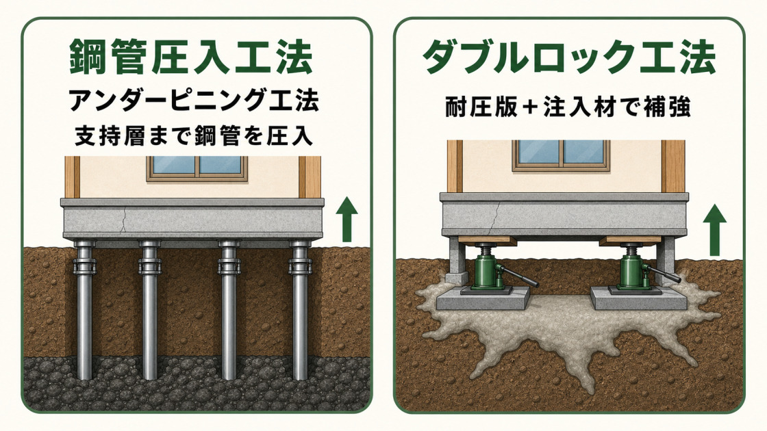 支持層まで鋼管を圧入する鋼管圧入工法と、耐圧版と注入材を併用するダブルロック工法の比較