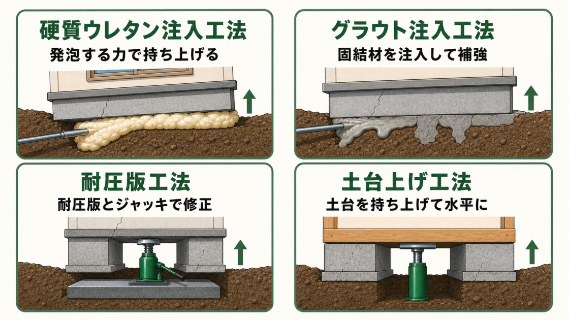 硬質ウレタン注入、グラウト注入、耐圧版、土台上げの仕組みを基礎断面で比較した図解