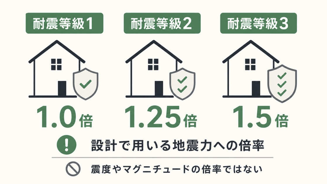 耐震等級1を1.0倍、等級2を1.25倍、等級3を1.5倍として、設計で用いる地震力への倍率を比較した図