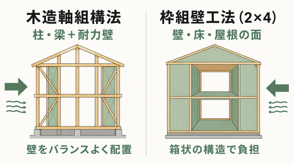 木造軸組構法は柱・梁と耐力壁で、枠組壁工法は壁・床・屋根の面による箱状の構造で地震力を負担することを比較した図