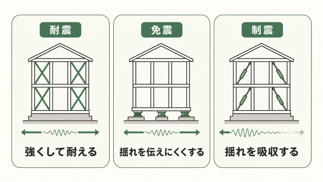 耐震は建物を強くして揺れに耐え、免震は揺れを建物へ伝えにくくし、制震はダンパーで揺れを吸収する違いを示した図解