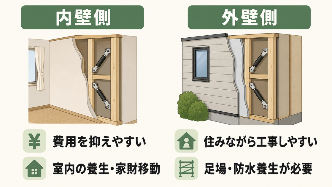 費用を抑えやすい内壁側の工事と、住みながら進めやすい一方で足場や防水養生が必要な外壁側の工事を比較した図解