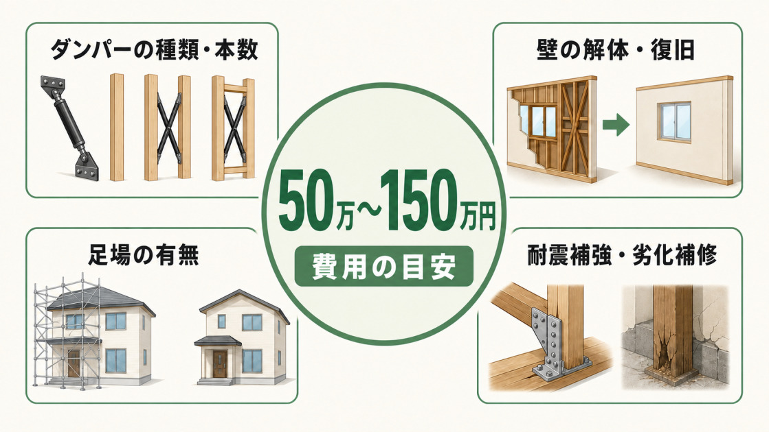 制震リフォームの費用目安50万〜150万円と、ダンパーの種類や本数、壁の復旧、足場、耐震補強などの変動要因を示した図解