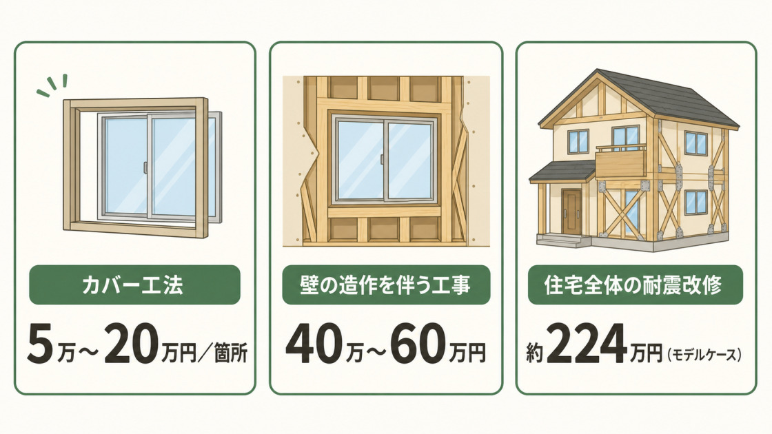 カバー工法5万〜20万円、壁の造作を伴う工事40万〜60万円、住宅全体の耐震改修モデル約224万円を比較した図