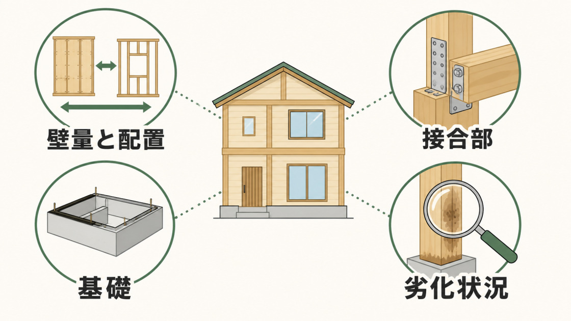 木造住宅の耐震性を壁量と配置、接合部、基礎、劣化状況の4要素から確認する図解