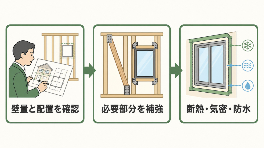 窓の増設前に壁量と配置を確認し、必要部分を補強して、断熱・気密・防水を確保する流れ