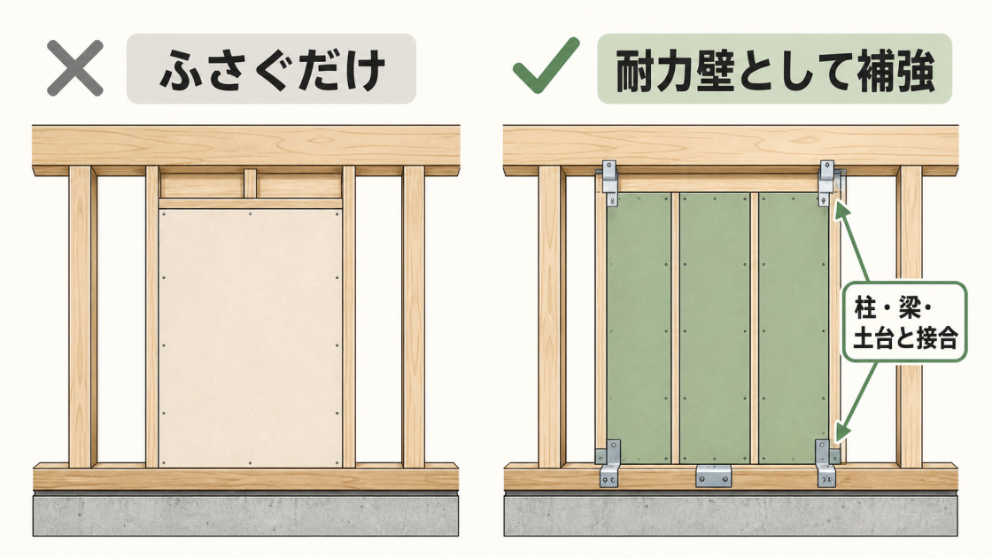 窓をふさぐだけの場合と、柱・梁・土台へ接合して耐力壁として補強する場合の比較図