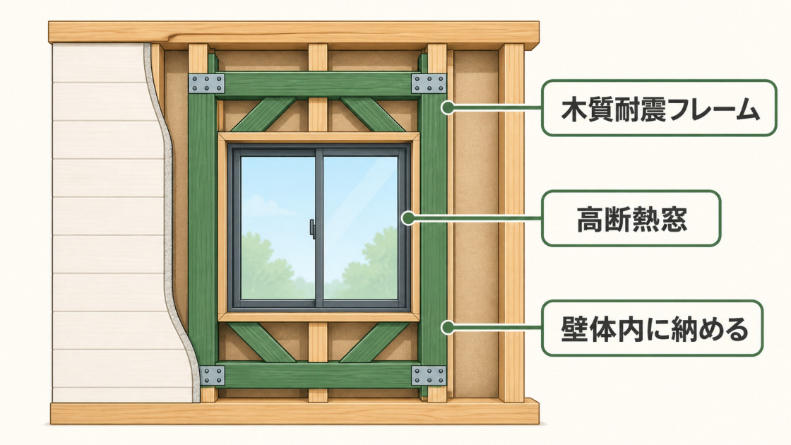 高断熱窓のまわりに木質耐震フレームを配置し、壁体内へ納める構造を示した図解